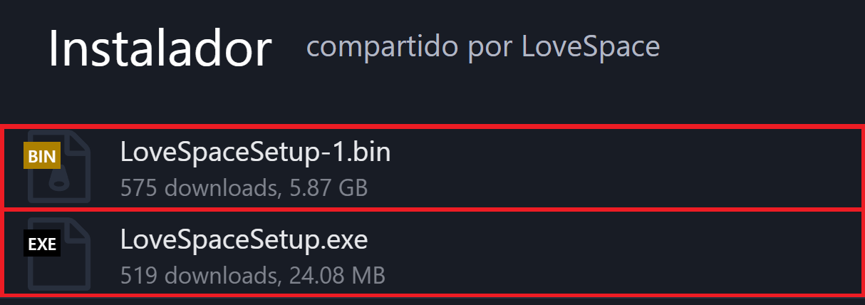 Archivos LoveSpaceSetup.exe y LoveSpaceSetup-1.bin para descargar
