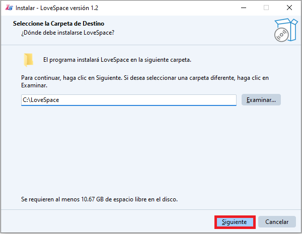 Selección de carpeta de instalación de LoveSpace