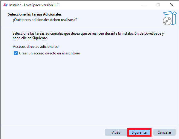 Opción para crear acceso directo de LoveSpace