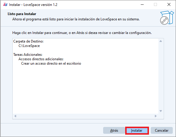 Pantalla de confirmación antes de instalar LoveSpace