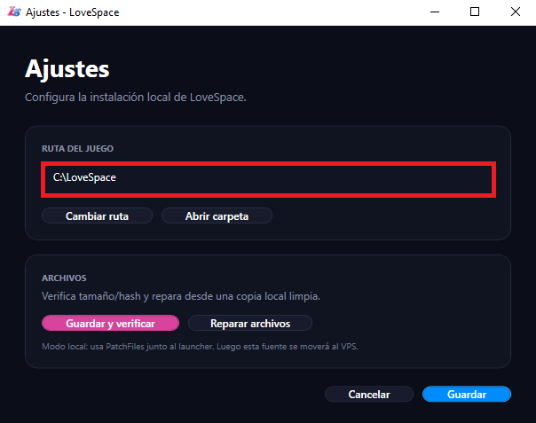 Ajustes de ruta de LoveSpace Launcher